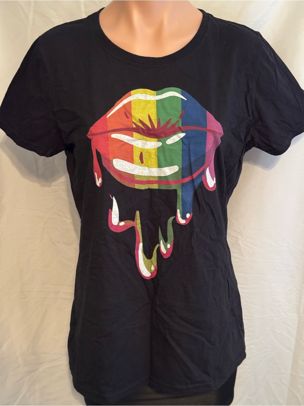 Black Short-Sleeve Tee with Rainbow Dripping Lips Graphic